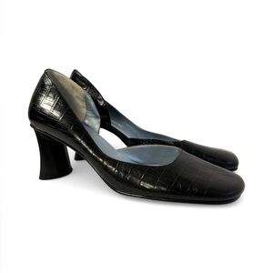 Vintage MODA Pumps Black Leather‎ Alligator Embossed Heels 80s 90s Shoes 8.5